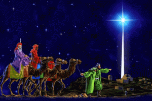 Christmas wise men on camel journeying to Jesus