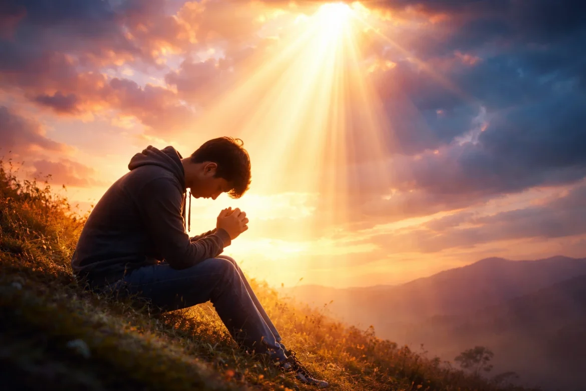 Man sitting alone with head bowed in prayer as a bright light from heaven shines down, symbolizing hope and God as refuge – Psalm 61:1–4