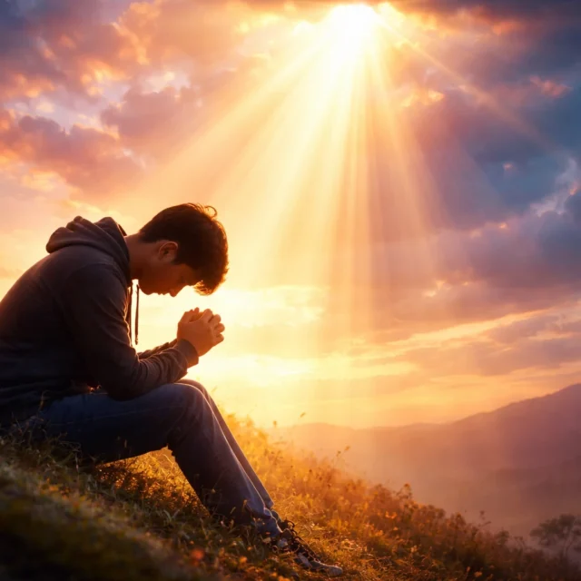 Man sitting alone with head bowed in prayer as a bright light from heaven shines down, symbolizing hope and God as refuge – Psalm 61:1–4