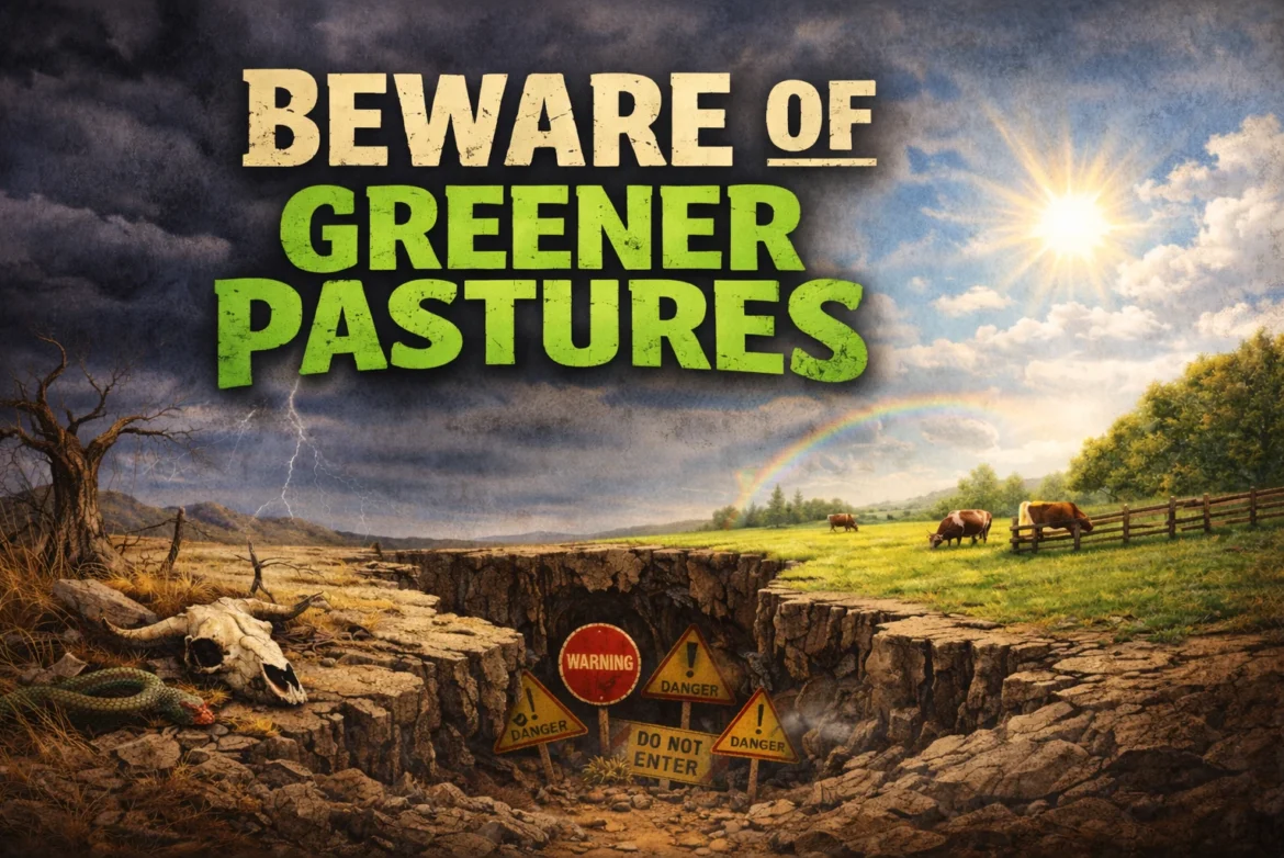 Beware of greener pastures sermon image showing two paths, a city in the distance, and a shepherd with sheep representing Genesis 13