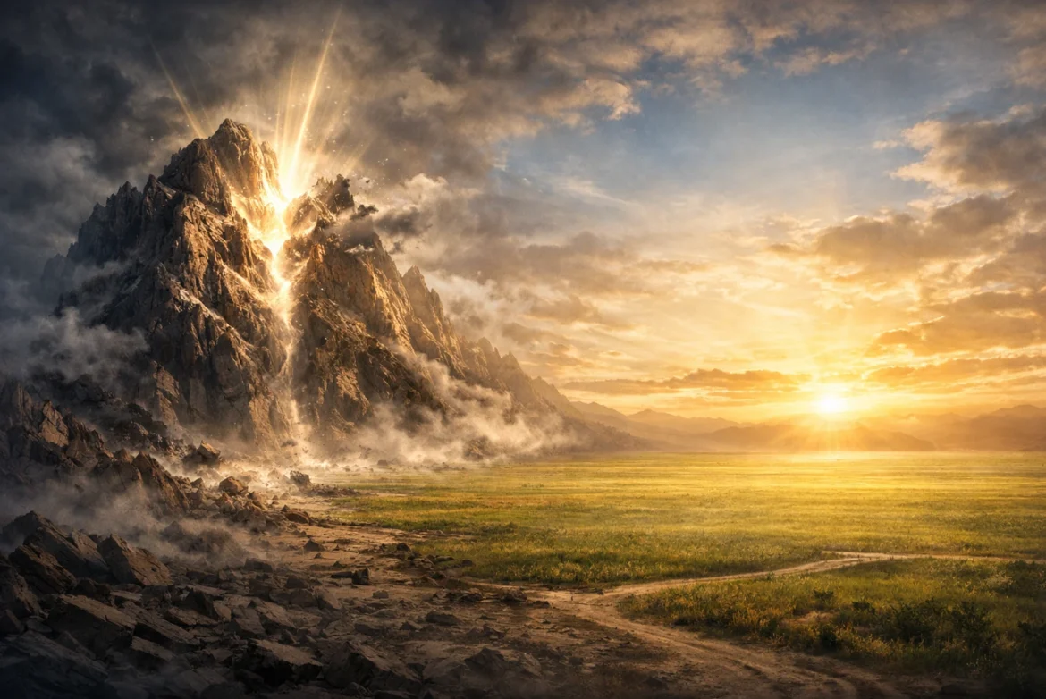Dramatic mountain under golden sunrise symbolizing Zechariah 4:6-7 not by might nor by power but by My Spirit sermon message