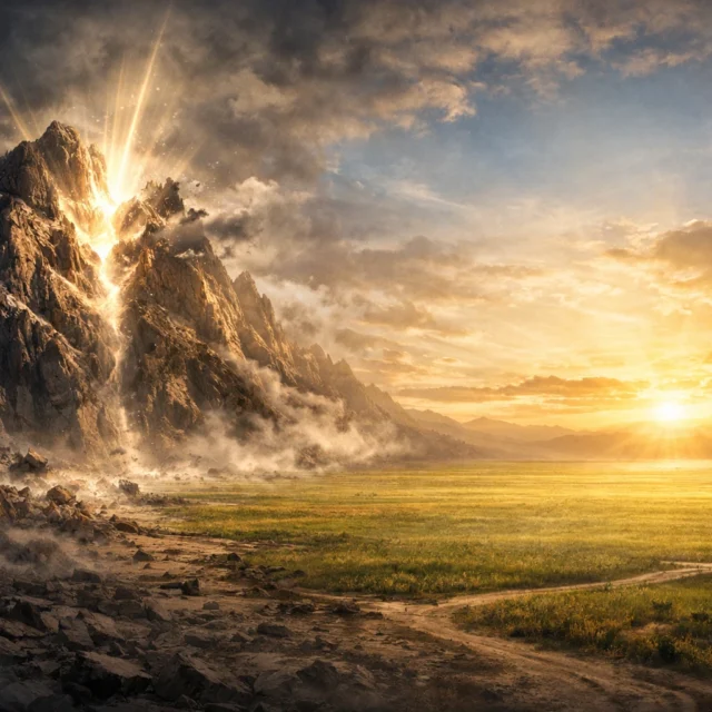 Dramatic mountain under golden sunrise symbolizing Zechariah 4:6-7 not by might nor by power but by My Spirit sermon message