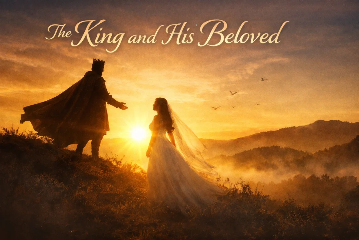 Silhouette of a royal king reaching toward his beloved bride at sunrise, inspired by Song of Solomon 2:8–17 and the sermon The King and His Beloved.