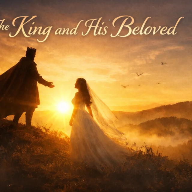 Silhouette of a royal king reaching toward his beloved bride at sunrise, inspired by Song of Solomon 2:8–17 and the sermon The King and His Beloved.