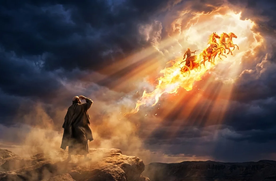 A dramatic cinematic wide shot of a blazing chariot of fire with flaming horses ascending into a stormy sky while the prophet Elisha watches from rocky ground below.