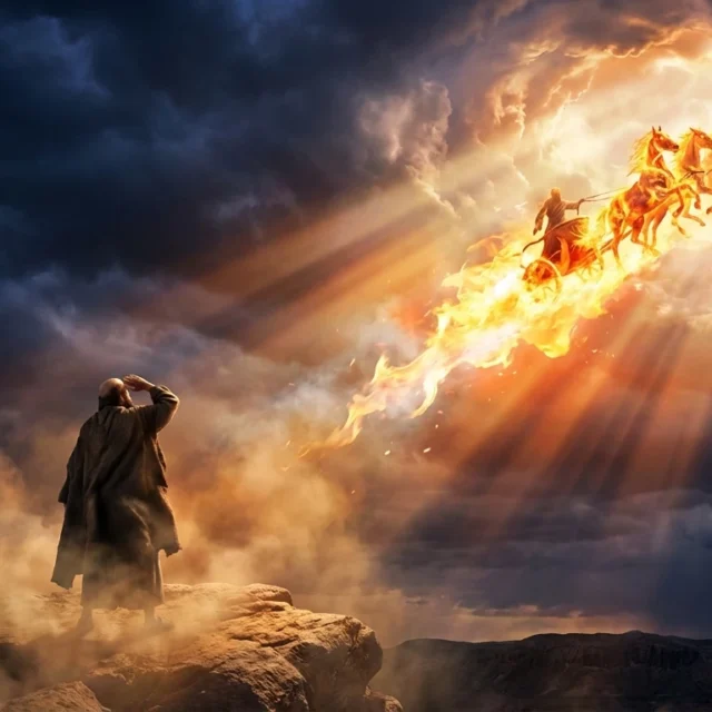 A dramatic cinematic wide shot of a blazing chariot of fire with flaming horses ascending into a stormy sky while the prophet Elisha watches from rocky ground below.