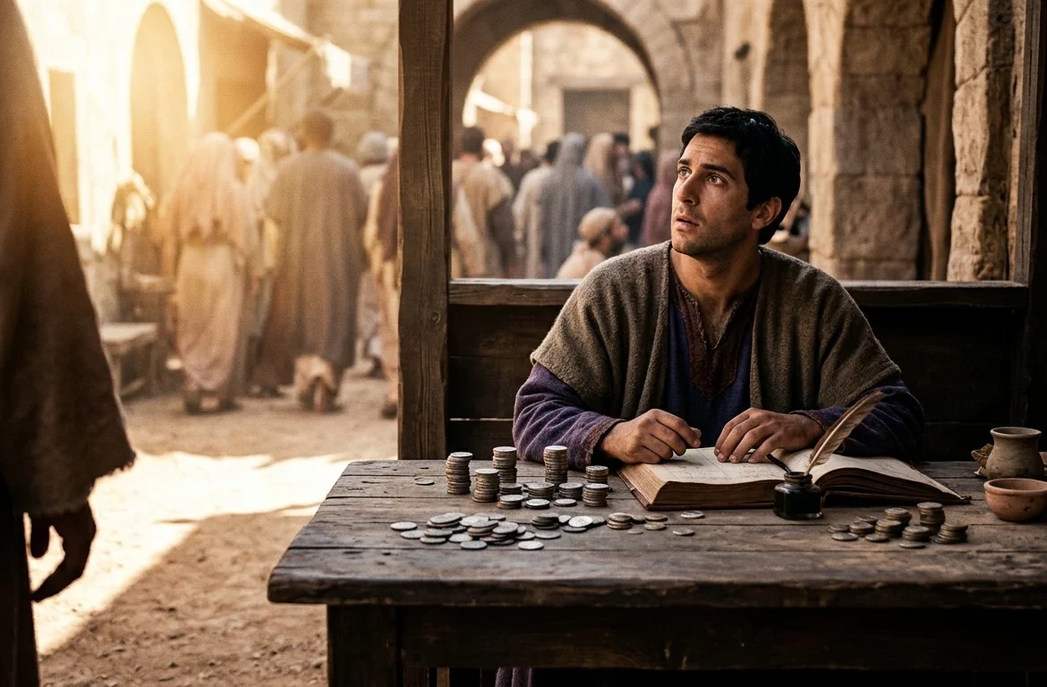 Vibrant cinematic illustration of Levi the tax collector leaving his booth and silver coins to follow Jesus, depicting the transition from worldly misery to spiritual calling.