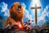 Lion roaring while breaking chains with a glowing cross behind it symbolizing the strength of the Redeemer and Christ’s victory over bondage