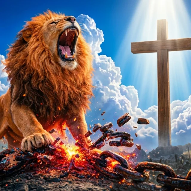 Lion roaring while breaking chains with a glowing cross behind it symbolizing the strength of the Redeemer and Christ’s victory over bondage