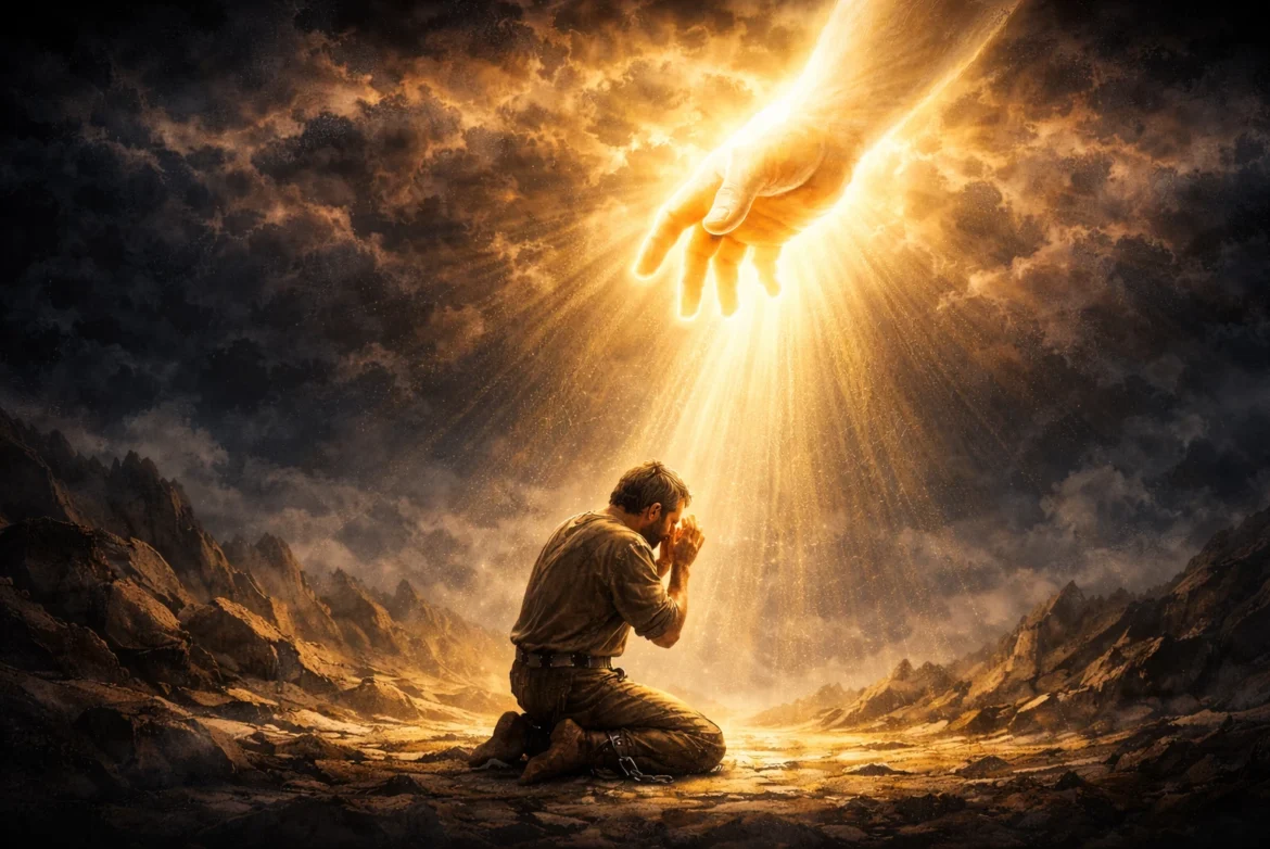 The arm of divine grace reaching down from heaven toward a person kneeling in prayer, symbolizing God’s mercy, forgiveness, and redemption.