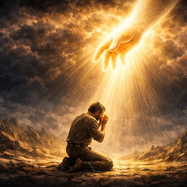 The arm of divine grace reaching down from heaven toward a person kneeling in prayer, symbolizing God’s mercy, forgiveness, and redemption.