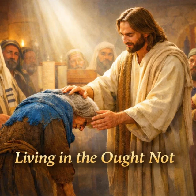 Jesus healing the bent-over woman in the synagogue Luke 13, illustrating freedom from spiritual bondage and living in the ought not through Christ’s power