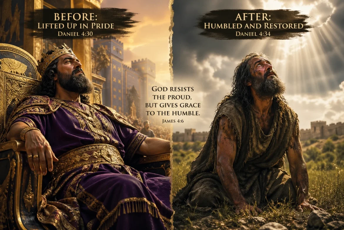 Split image of King Nebuchadnezzar before and after humility—proud king on throne contrasted with humbled man in the field under God’s authority, Daniel 4 Bible illustration