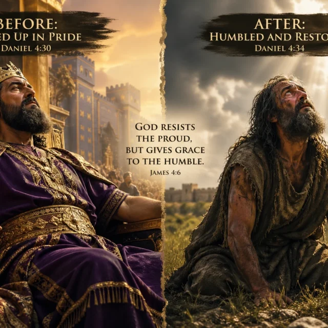 Split image of King Nebuchadnezzar before and after humility—proud king on throne contrasted with humbled man in the field under God’s authority, Daniel 4 Bible illustration