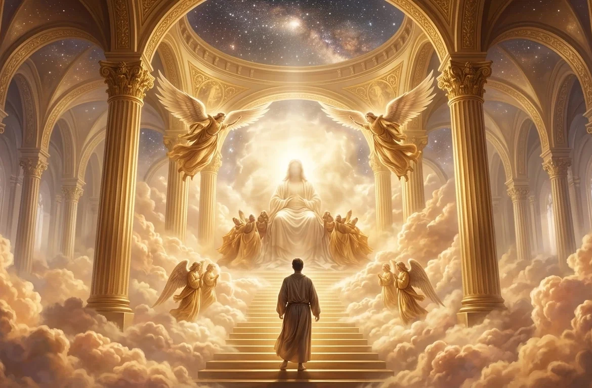 Isaiah standing before God’s throne in heaven surrounded by radiant light and heavenly beings, Isaiah 6 vision of God’s glory and holiness