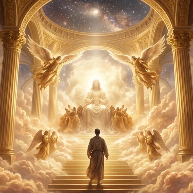 Isaiah standing before God’s throne in heaven surrounded by radiant light and heavenly beings, Isaiah 6 vision of God’s glory and holiness