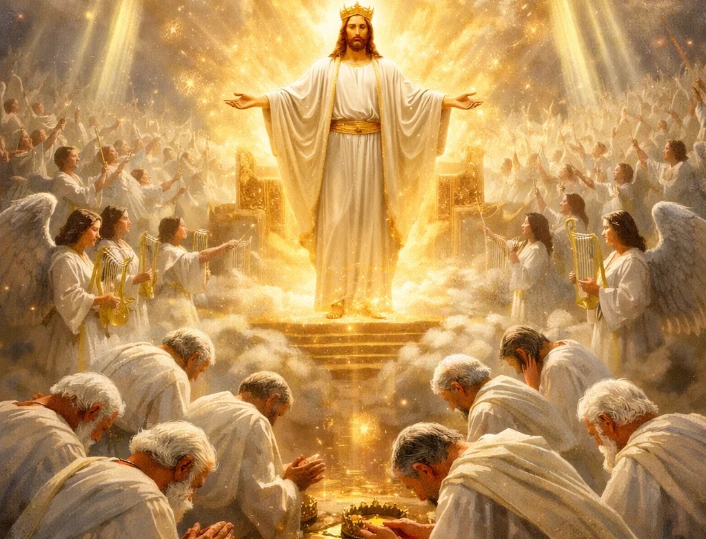 Jesus Christ in white robes crowned in glory, surrounded by angels with harps and trumpets, with elders bowing and casting golden crowns at His feet in a heavenly scene based on Revelation 5.