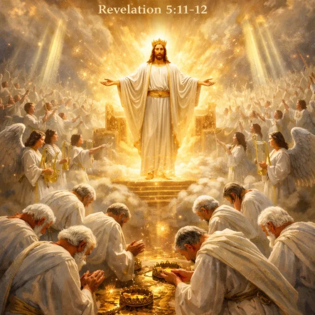 Jesus Christ in white robes crowned in glory, surrounded by angels with harps and trumpets, with elders bowing and casting golden crowns at His feet in a heavenly scene based on Revelation 5.