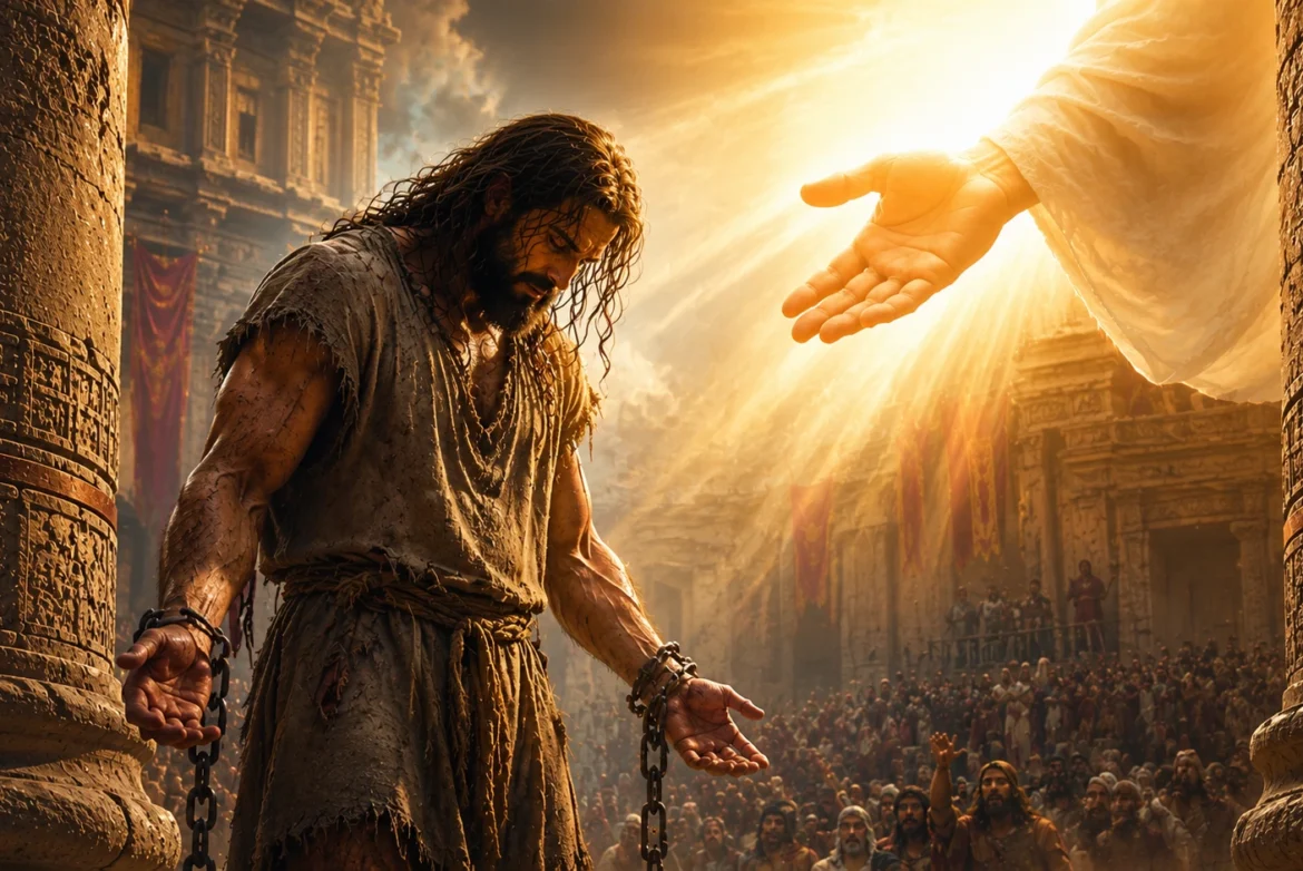 Samson standing between temple pillars with chains on his wrists as God restores strength after his prayer in Judges 16:28.