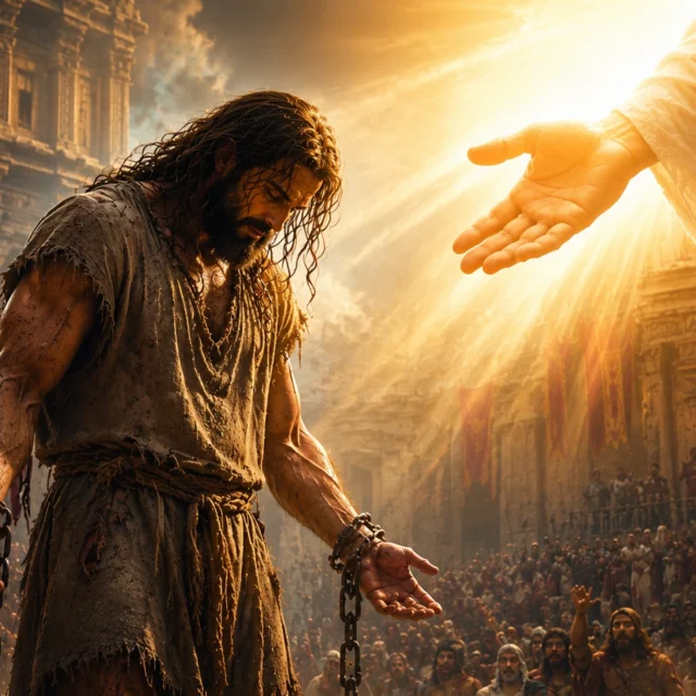 Samson standing between temple pillars with chains on his wrists as God restores strength after his prayer in Judges 16:28.