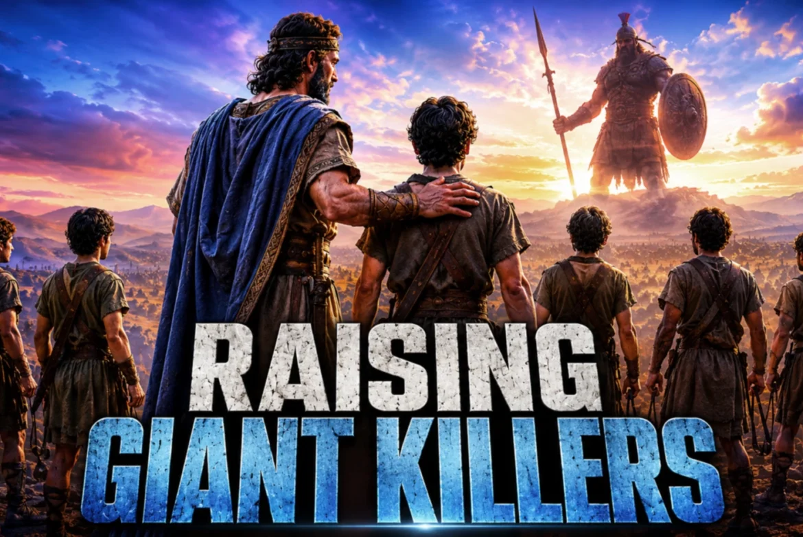 David mentoring young warriors as they face a towering giant at sunset, symbolizing faith, courage, discipleship, and raising the next generation of giant killers from 2 Samuel 21:22.