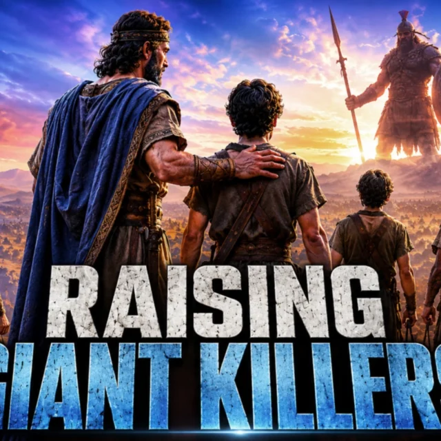 David mentoring young warriors as they face a towering giant at sunset, symbolizing faith, courage, discipleship, and raising the next generation of giant killers from 2 Samuel 21:22.