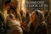 Anna the prophetess looking with awe at baby Jesus in the temple while Mary and Joseph present Him in Luke 2:36-38 biblical scene