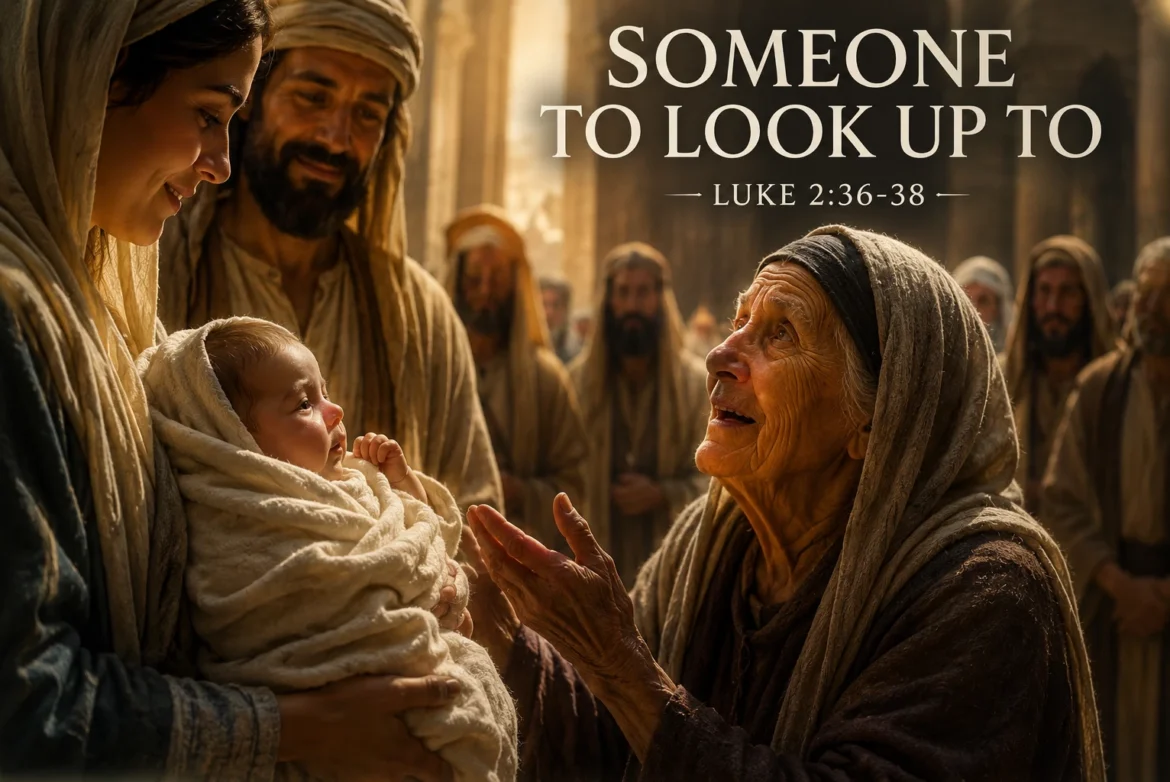 Anna the prophetess looking with awe at baby Jesus in the temple while Mary and Joseph present Him in Luke 2:36-38 biblical scene