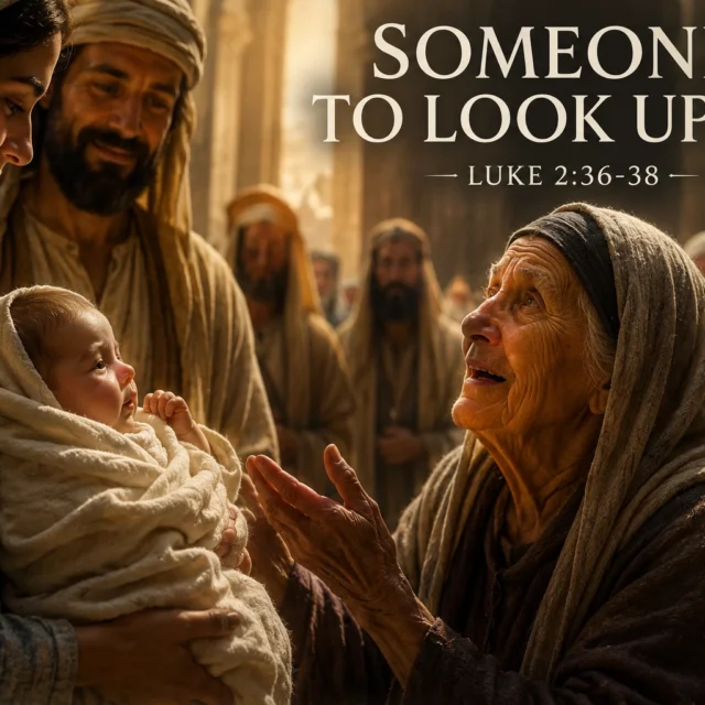 Anna the prophetess looking with awe at baby Jesus in the temple while Mary and Joseph present Him in Luke 2:36-38 biblical scene