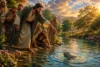 Prophet Elisha pointing directly at a floating iron axe head in the Jordan River as astonished prophets witness the miracle in 2 Kings 6:1-7.