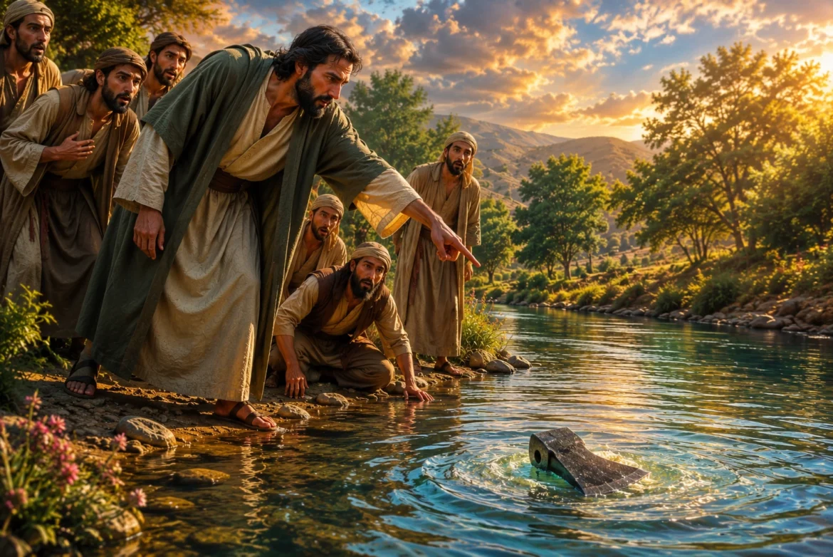 Prophet Elisha pointing directly at a floating iron axe head in the Jordan River as astonished prophets witness the miracle in 2 Kings 6:1-7.