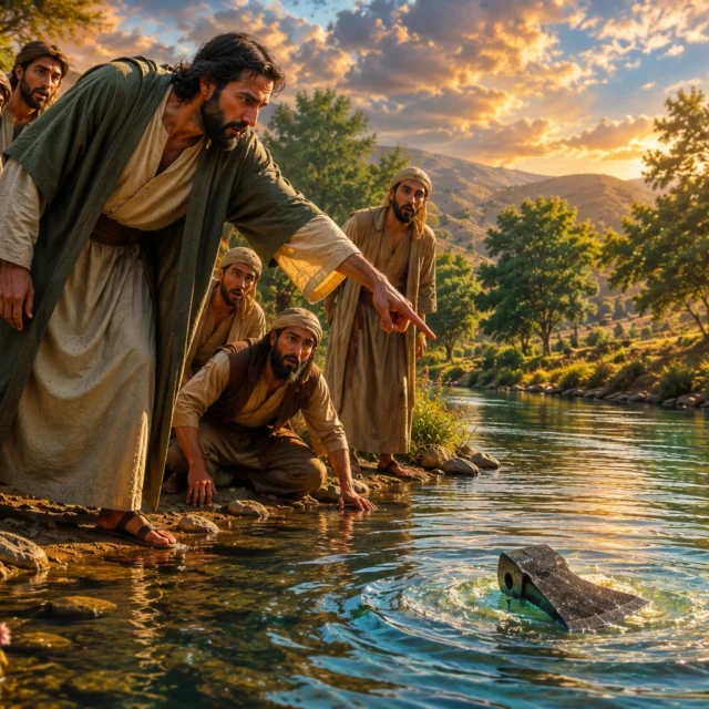 Prophet Elisha pointing directly at a floating iron axe head in the Jordan River as astonished prophets witness the miracle in 2 Kings 6:1-7.