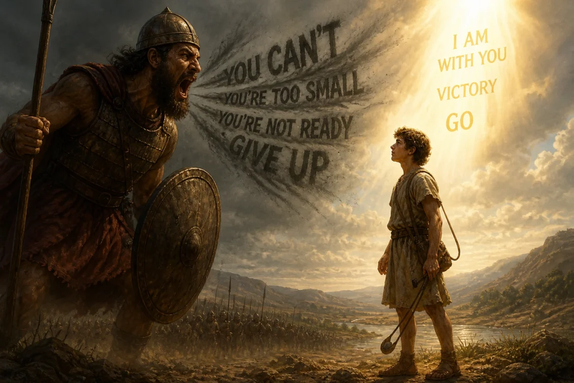 David facing Goliath in a dramatic battlefield scene with contrasting voices of fear and faith, inspired by 1 Samuel 17 Bible story about overcoming fear and hearing God’s voice
