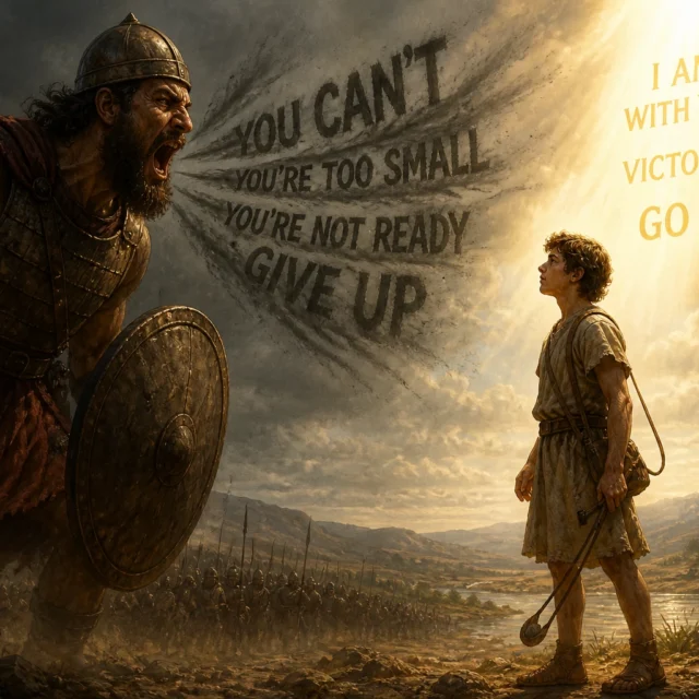 David facing Goliath in a dramatic battlefield scene with contrasting voices of fear and faith, inspired by 1 Samuel 17 Bible story about overcoming fear and hearing God’s voice