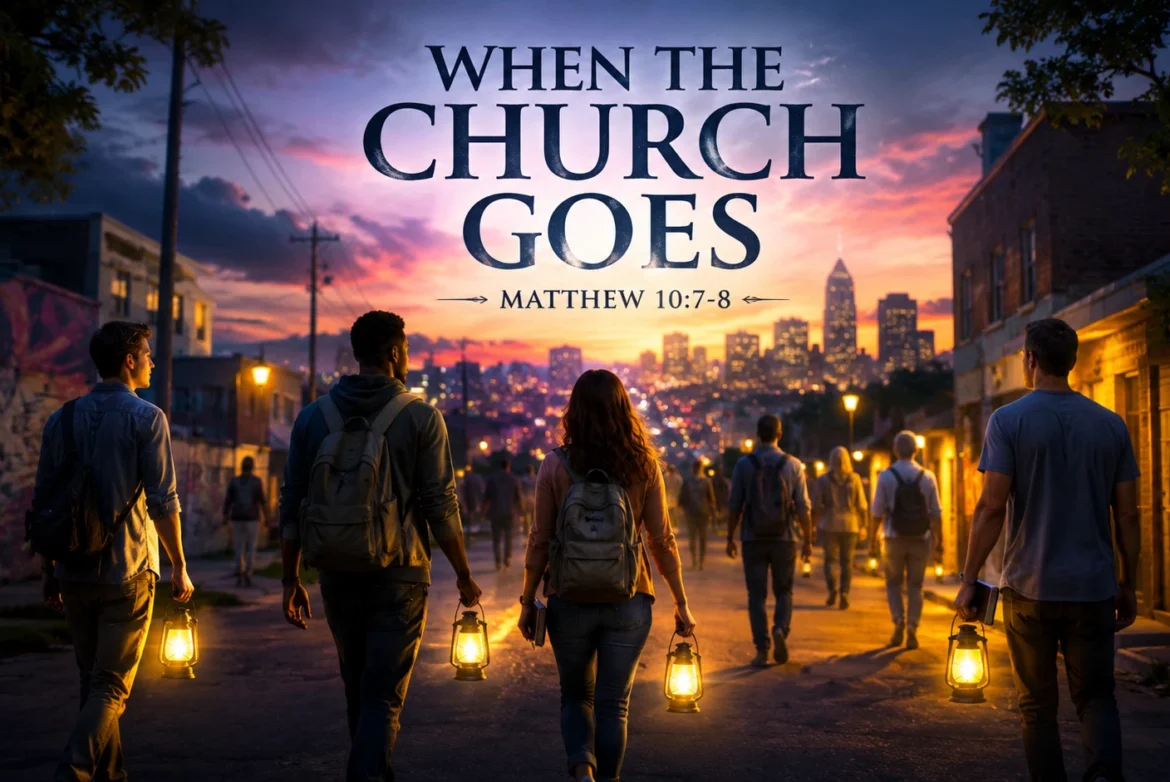 Believers carrying lanterns into the city at sunset, reflecting Matthew 10:7-8 and the call to preach the Kingdom of God.