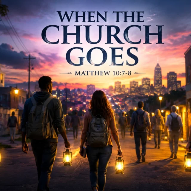 Believers carrying lanterns into the city at sunset, reflecting Matthew 10:7-8 and the call to preach the Kingdom of God.